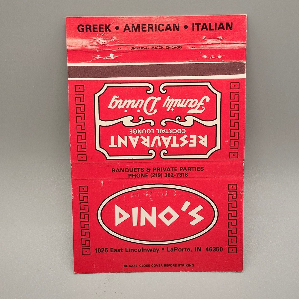 Vintage Dino's Restaurant Matchbook LaPorte & Michigan City IN Greek Italian